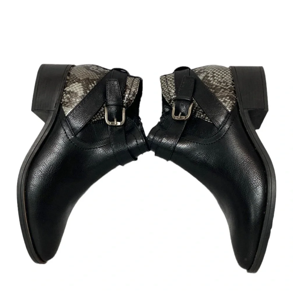 Black Vegan Animal Print Zip-Up Buckle Ankle Boot 6.5